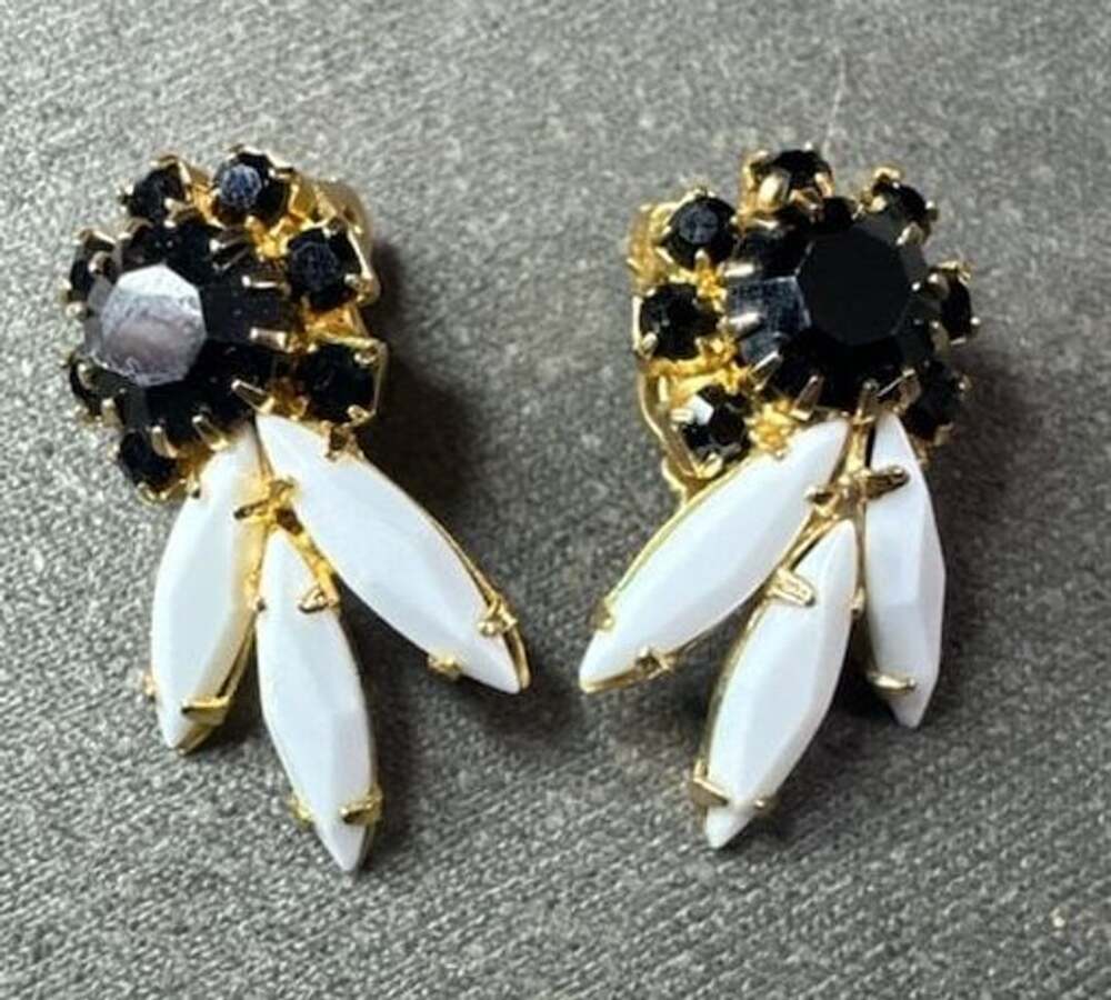 Vintage Gold Tone Black Rhinestone and White Cabochon Clip-On Earrings